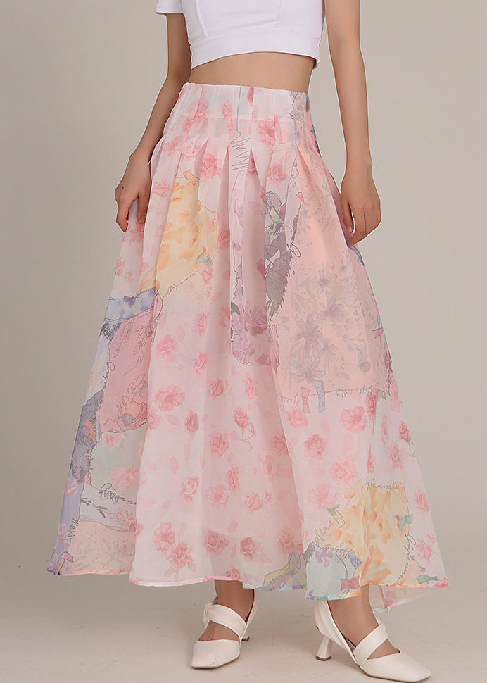 Art Pink Zippered Print High Waist Chiffon Skirts Spring