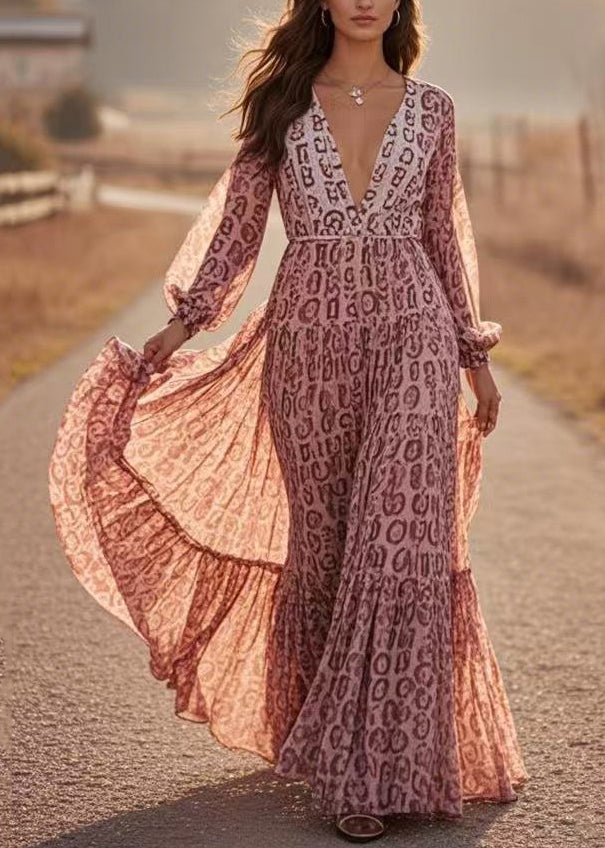 Art Print Tunic Chiffon Vacation Maxi Dresses Spring