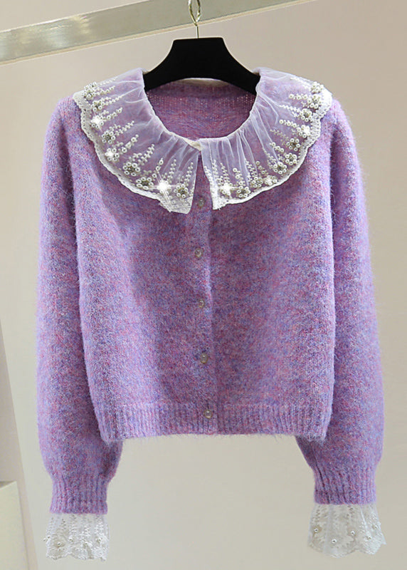 Art Purple Embroidered Patchwork Zircon Thick Cotton Knit Sweater