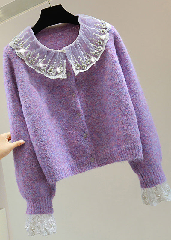 Art Purple Embroidered Patchwork Zircon Thick Cotton Knit Sweater