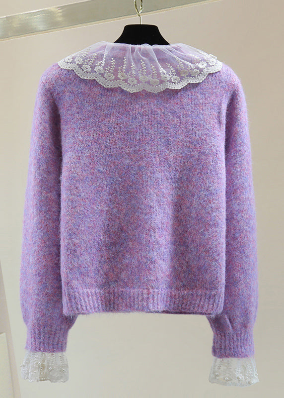 Art Purple Embroidered Patchwork Zircon Thick Cotton Knit Sweater