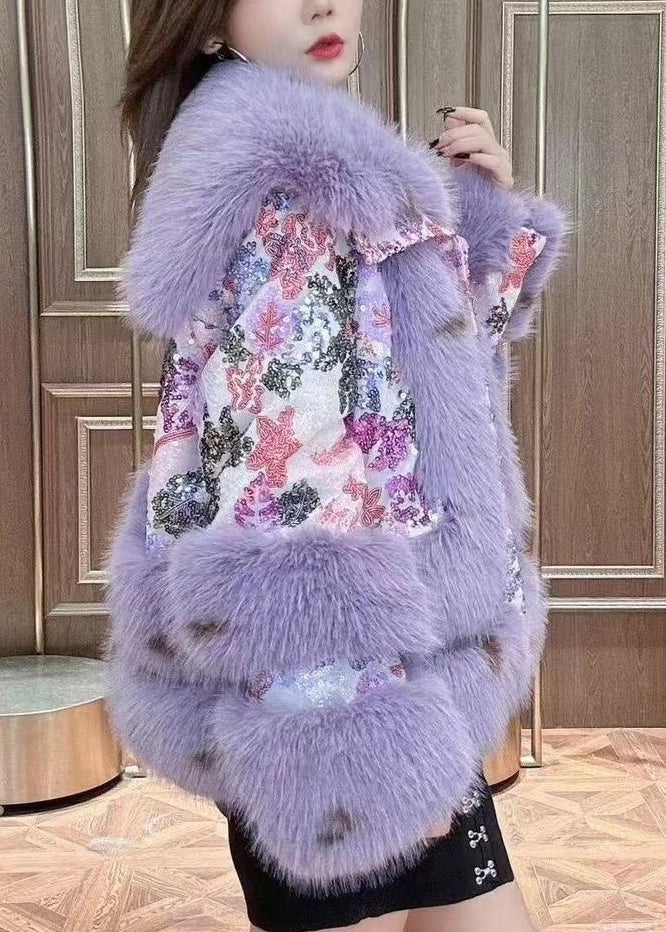 Art Purple Fluffy Sequins Patchwork Coats Winter