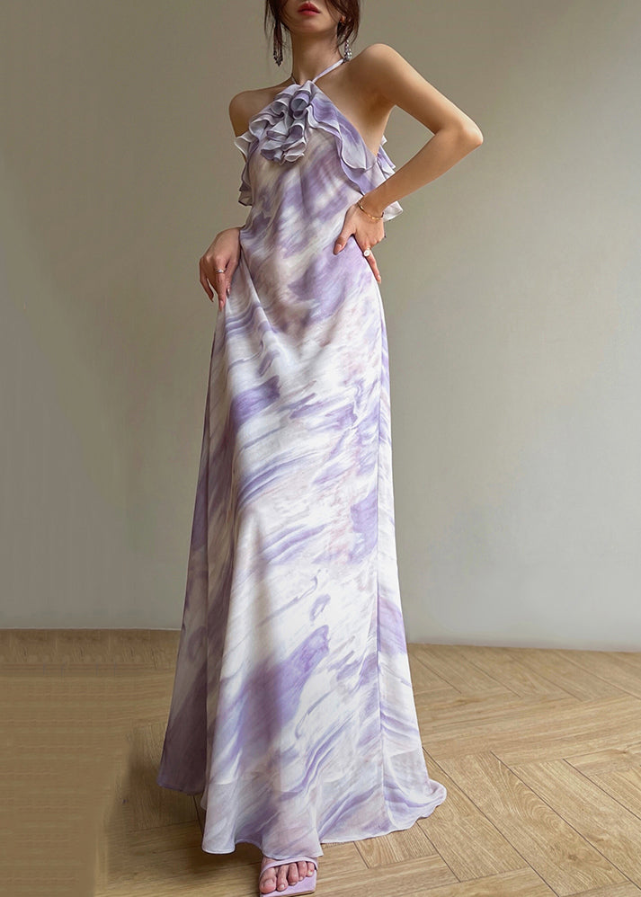 Art Purple Ruffled Print Chiffon Maxi Dress Sleeveless