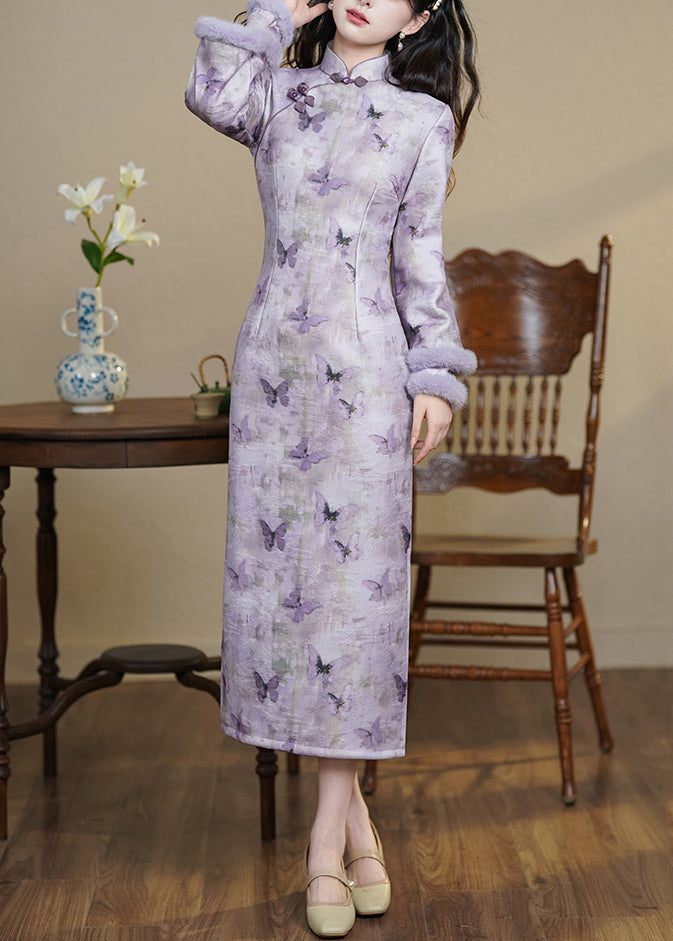 Art Purple Stand Collar Butterfly Side Open Warm Fleece Long Dresses Winter