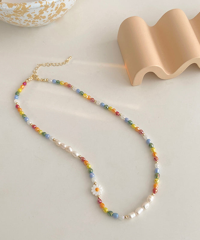 Art Rainbow Alloy Pearl Floral Beading Gratuated Bead Necklace