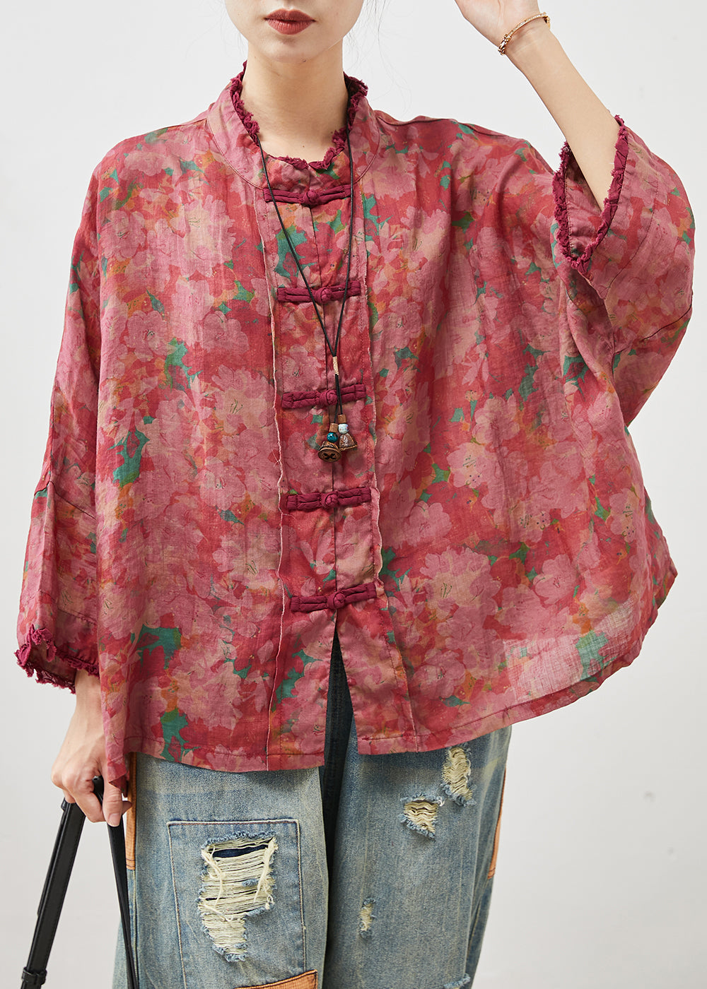 Art Red Oversized Print Chinese Button Linen Blouses Bracelet Sleeve