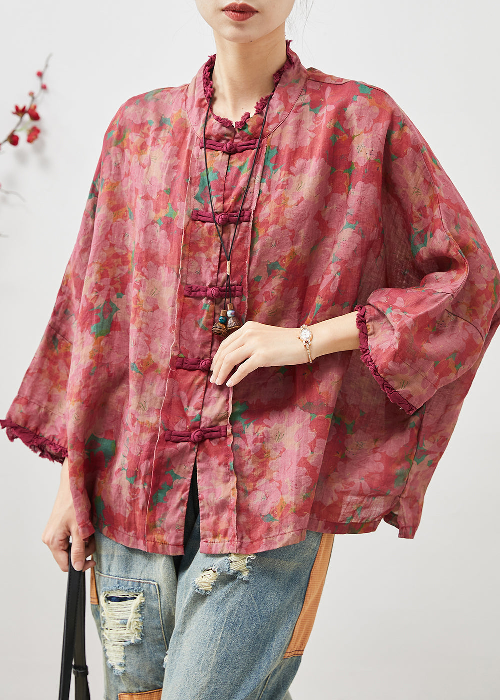 Art Red Oversized Print Chinese Button Linen Blouses Bracelet Sleeve