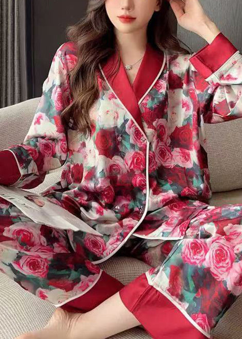 Art Red Peter Pan Collar Print Ice Silk Pajamas Two Piece Set Spring