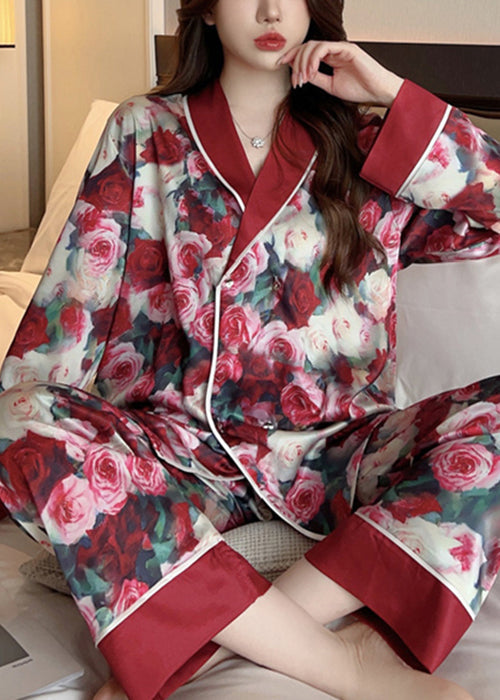 Art Red Peter Pan Collar Print Ice Silk Pajamas Two Piece Set Spring