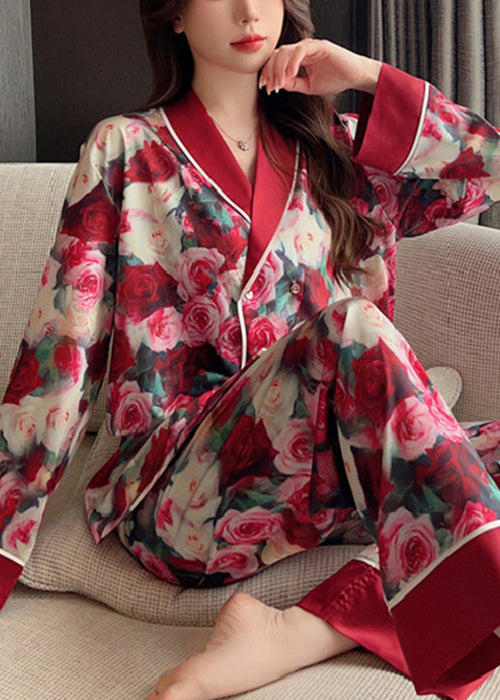 Art Red Peter Pan Collar Print Ice Silk Pajamas Two Piece Set Spring