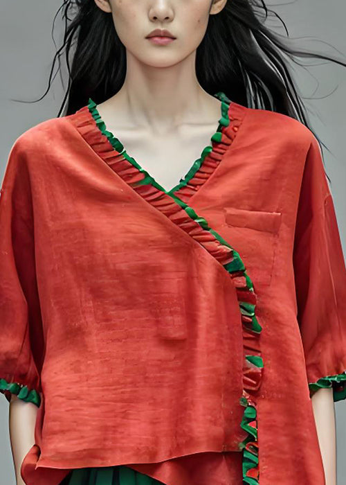 Art Red Ruffled Asymmetrical Patchwork Cotton Blouses Summer