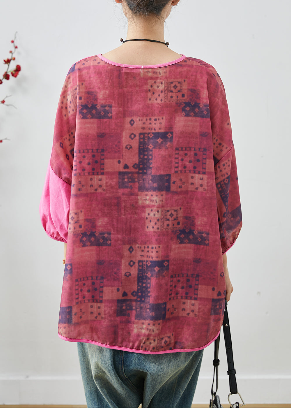 Art Rose Oversized Patchwork Chinese Button Linen Blouses Spring