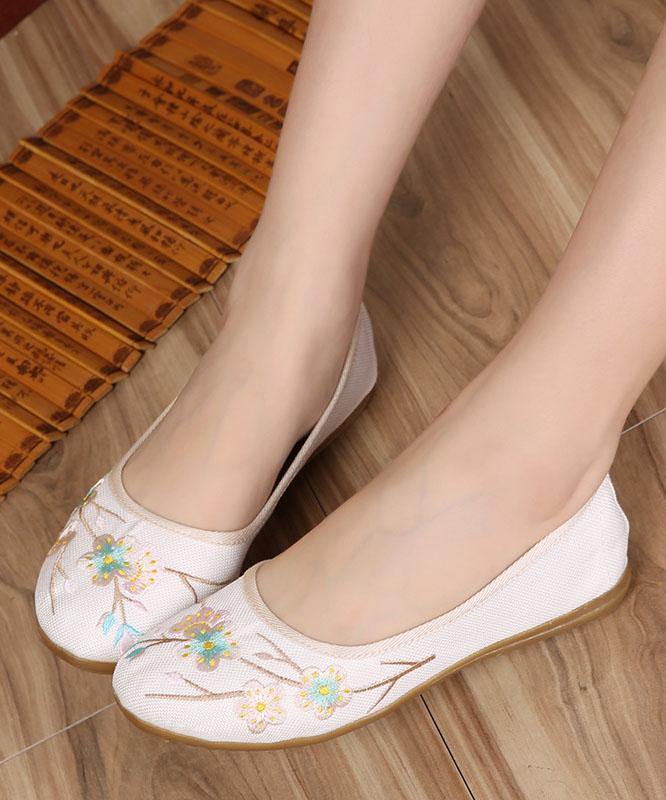 Art Splicing Flat Shoes For Women Beige Embroideried Cotton Linen Fabric - SooLinen