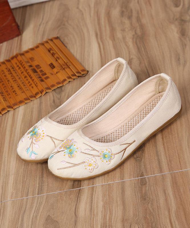 Art Splicing Flat Shoes For Women Beige Embroideried Cotton Linen Fabric - SooLinen