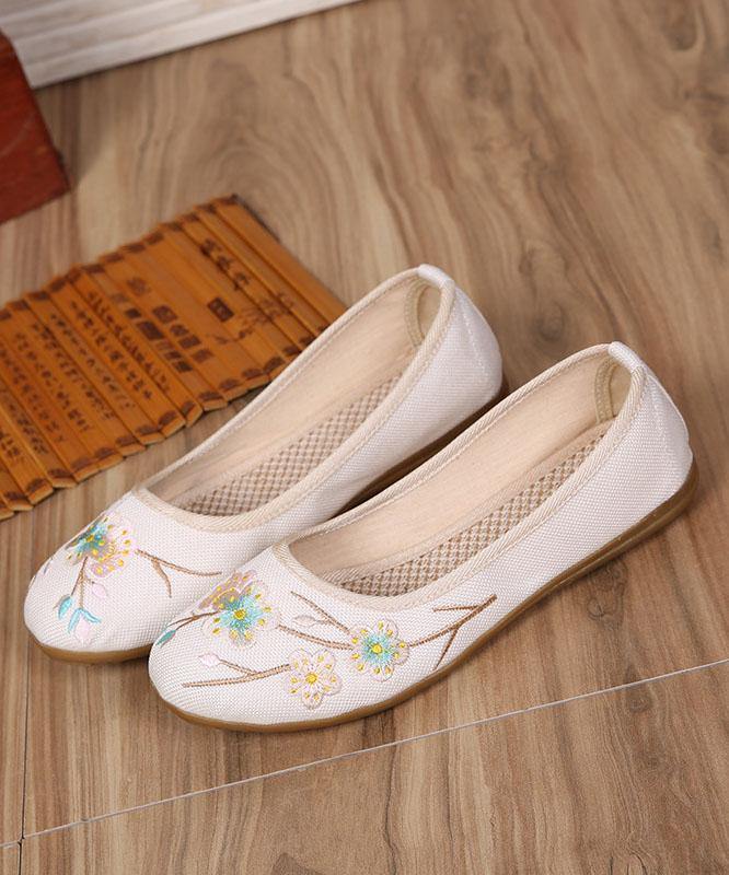 Art Splicing Flat Shoes For Women Beige Embroideried Cotton Linen Fabric - SooLinen