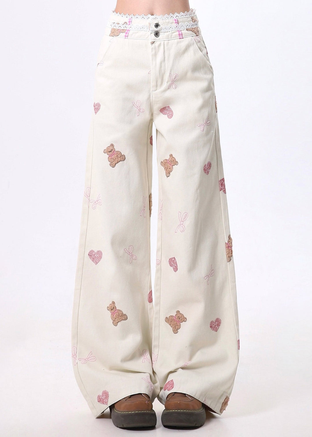 Art White Bear Embroidered Patchwork Lace Denim Straight Pants Spring