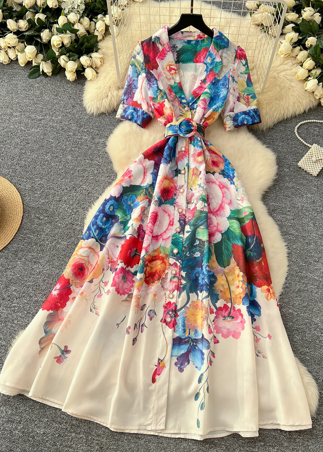 Art White Cinched Print Cotton Robe Dresses Summer