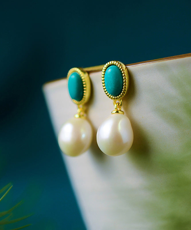 Art White Sterling Silver Overgild Turquoise Pearl Drop Earrings