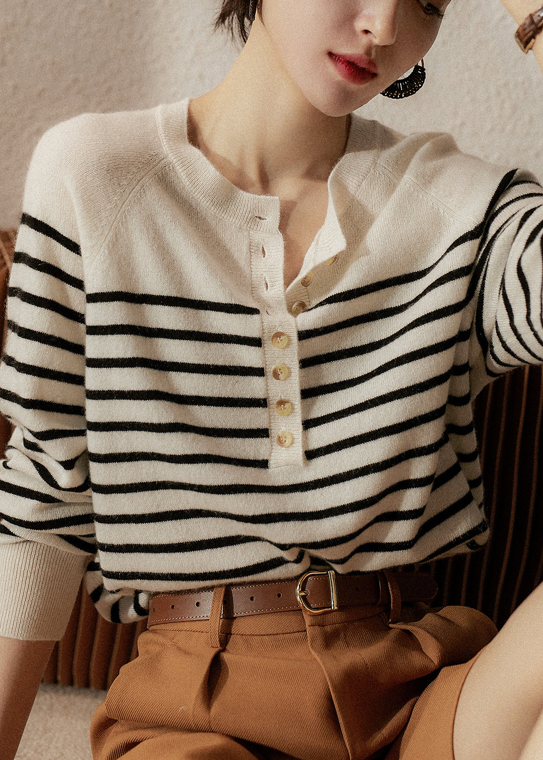 Art White Striped Button Woolen Sweaters Spring