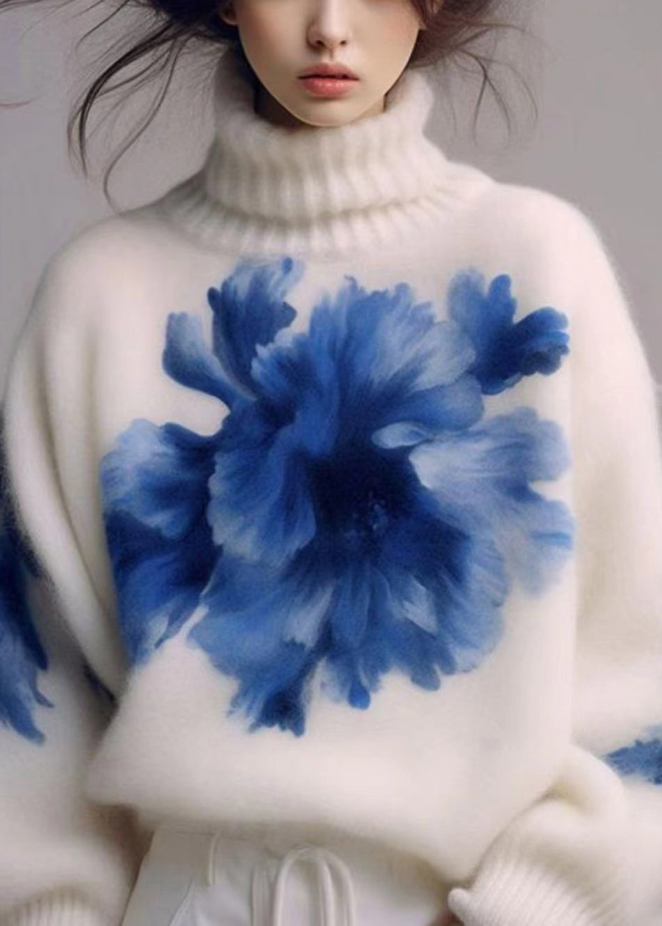 Art White Turtleneck Print Wool Knit Sweaters Winter