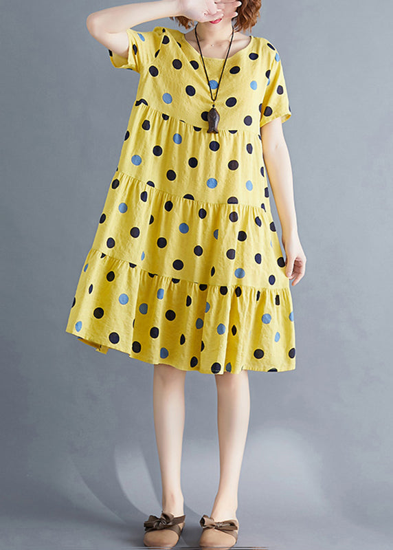 Art Yellow Dot Print Patchwork Holiday Mid Dress Short Sleeve