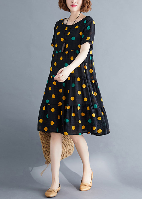 Art Yellow Dot Print Patchwork Holiday Mid Dress Short Sleeve