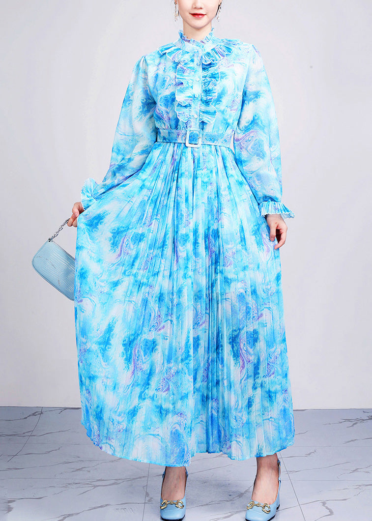 Baby Blue Ruffled Patchwork Chiffon Maxi Dresses Fall