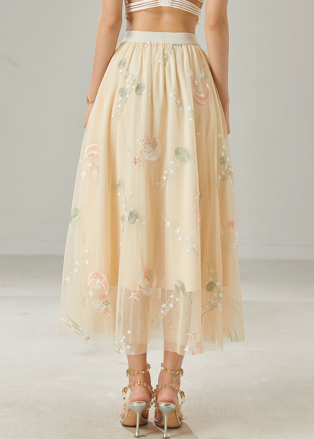 Beautiful Apricot Original Design Embroidered Tulle Skirt Summer