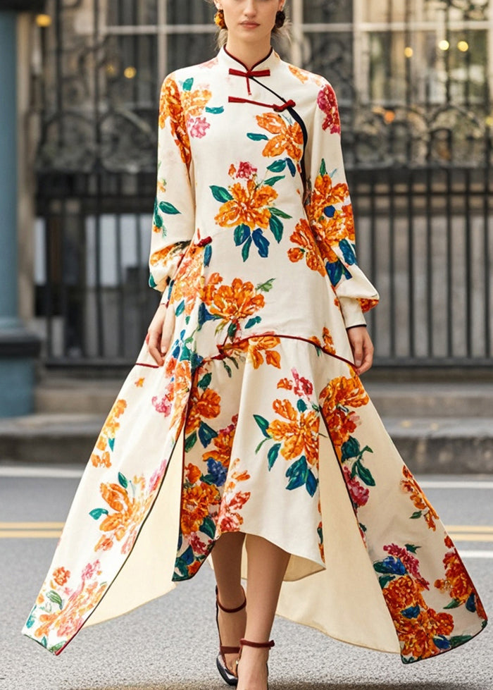 Beautiful Apricot Print Asymmetrical Side Open Chinese Style Dress Fall