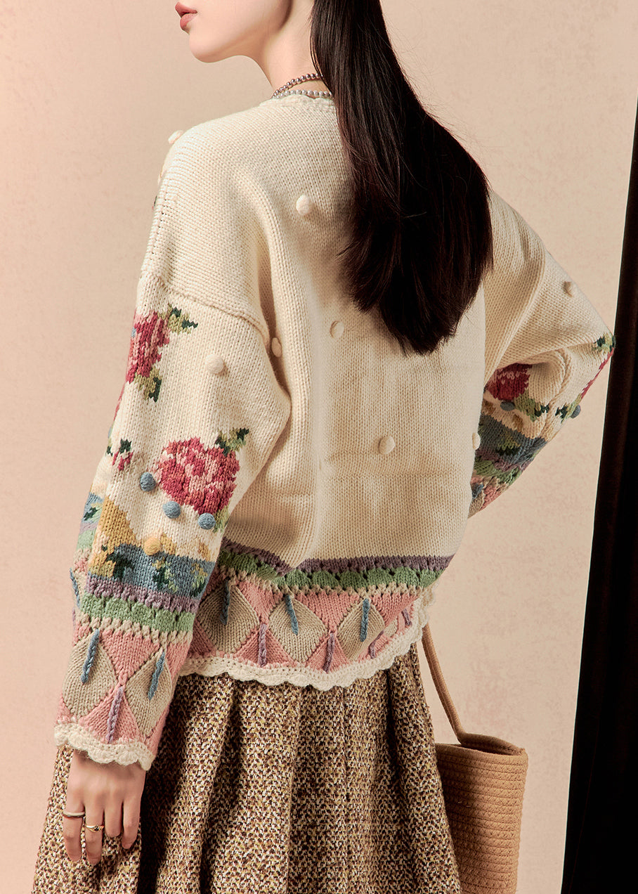 Beautiful Beige Button Patchwork Knit Coats Winter