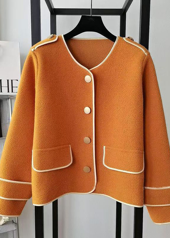 Beautiful Beige O Neck Pockets Woolen Short Coat Fall