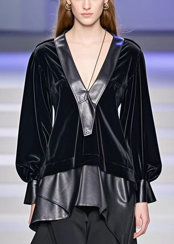 Beautiful Black Asymmetrical Faux Leather Patchwork Silk Velour Shirt Top Fall