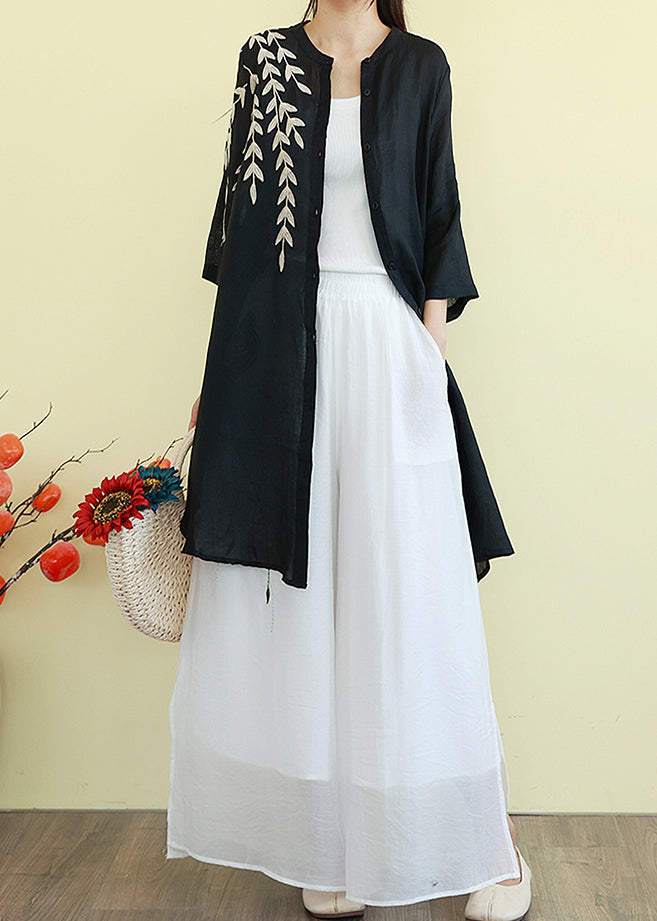 Beautiful Black Embroidered Linen Shirt Dresses Summer