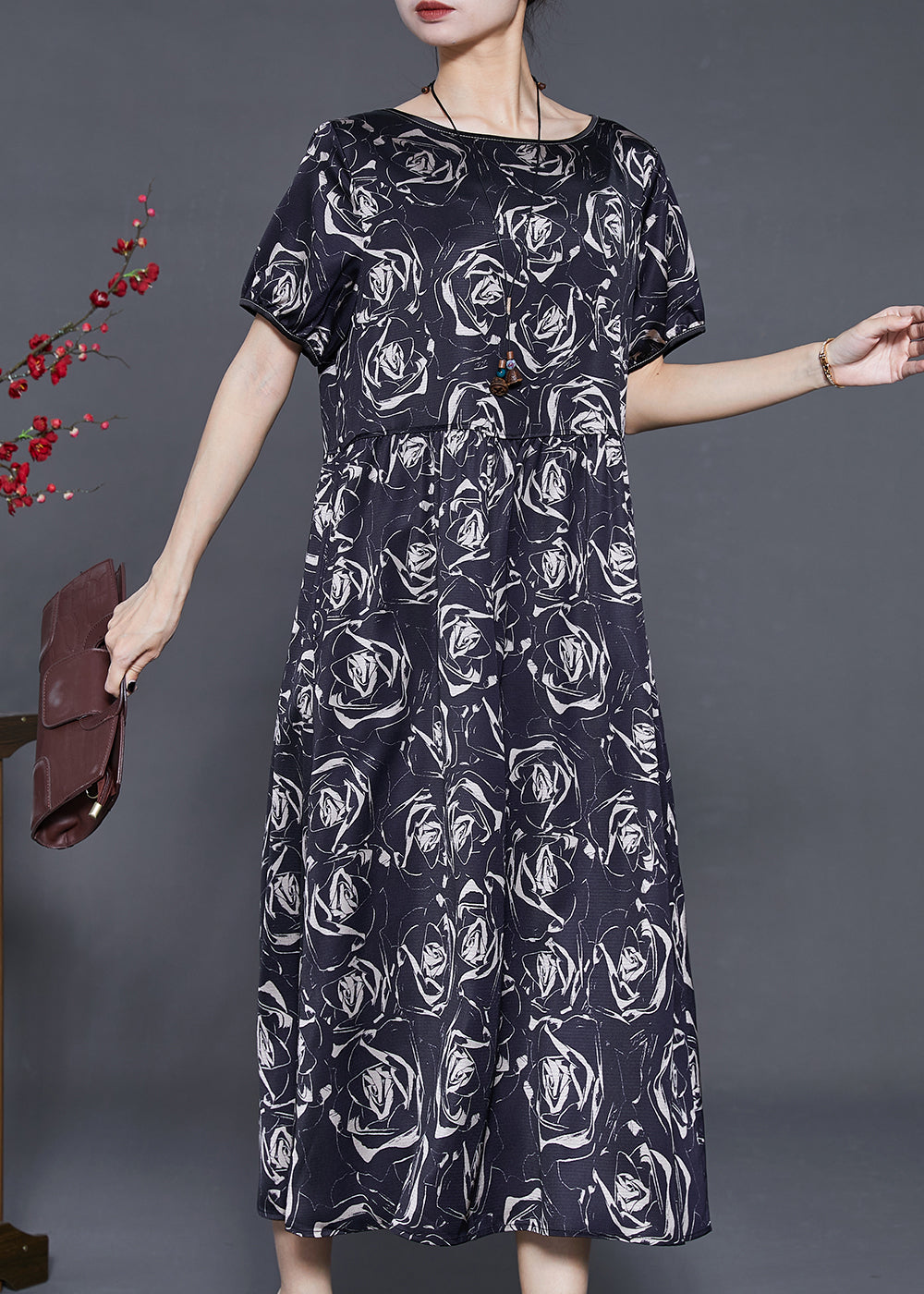 Beautiful Black Floral Silm Fit Silk Long Dresses Summer