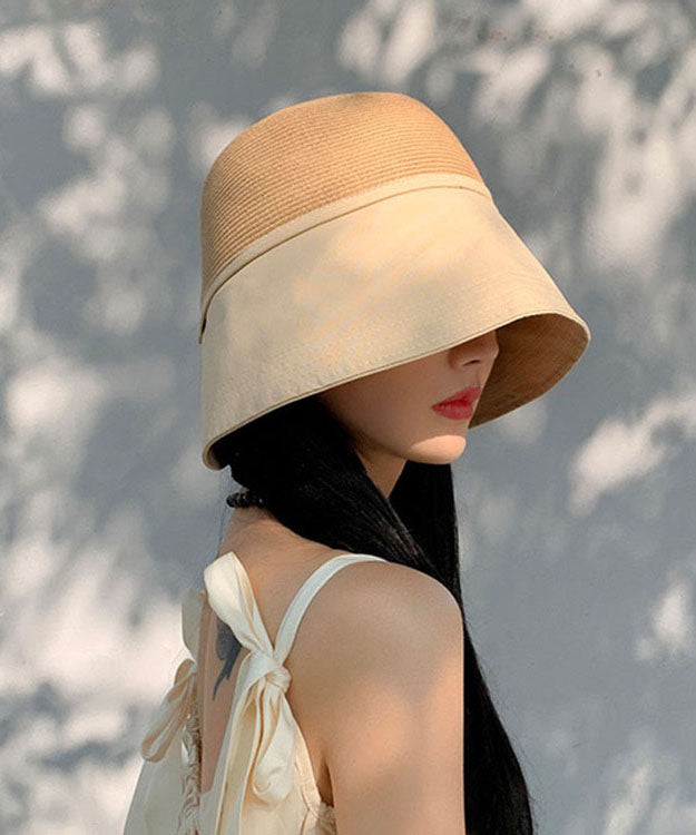 Beautiful Black Patchwork Bow Straw Woven Bucket Hat