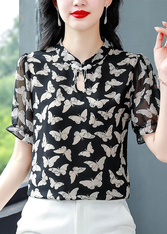 Beautiful Black Stand Collar Print Chiffon Shirts Summer