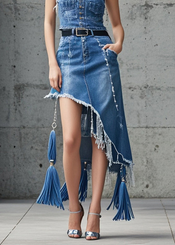 Beautiful Blue Asymmetrical Tasseled Denim Skirts Fall