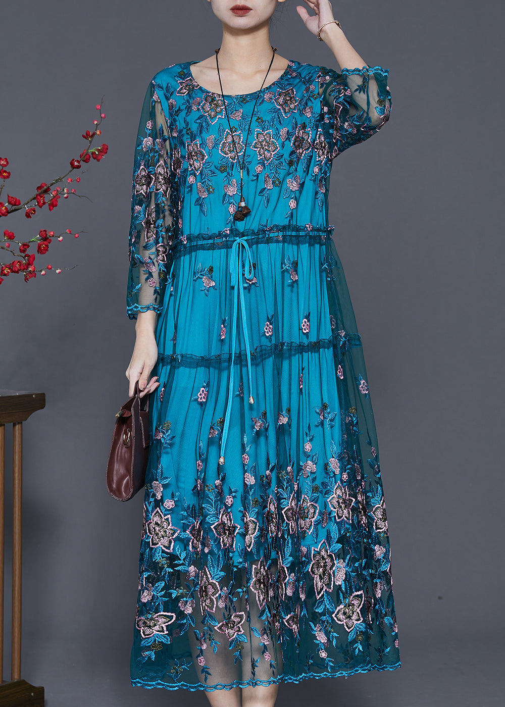 Beautiful Blue Embroidered Tulle Cinched Dresses Summer