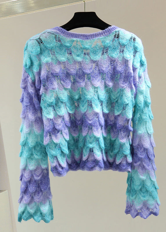 Beautiful Blue O-Neck Zippered Hollow Out Cotton Knit Sweater Flare Sleeve