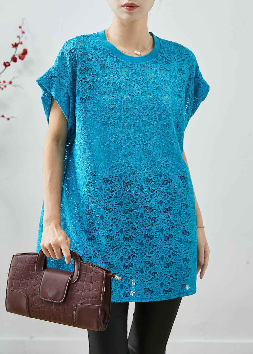 Beautiful Blue Oversized Hollow Out Lace Tanks Summer