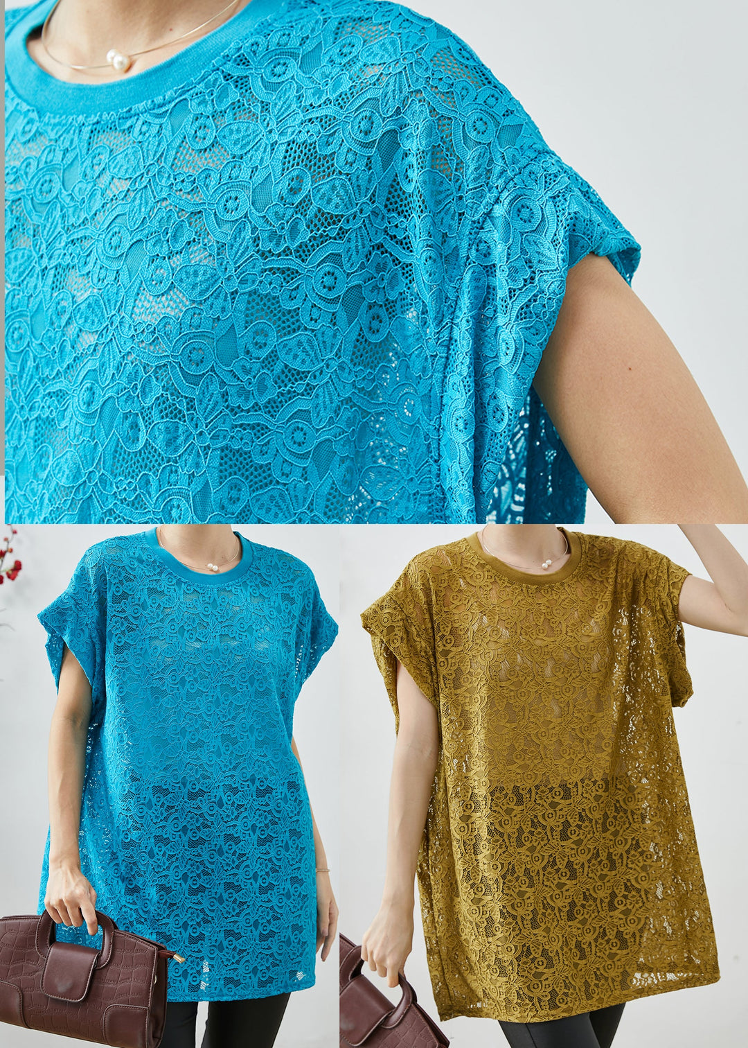 Beautiful Blue Oversized Hollow Out Lace Tanks Summer