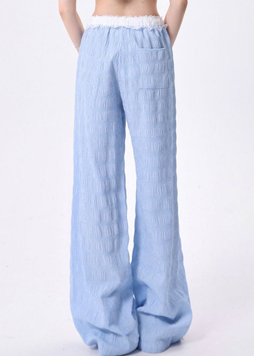 Beautiful Blue Pockets Lace Patchwork Cotton Pants Spring