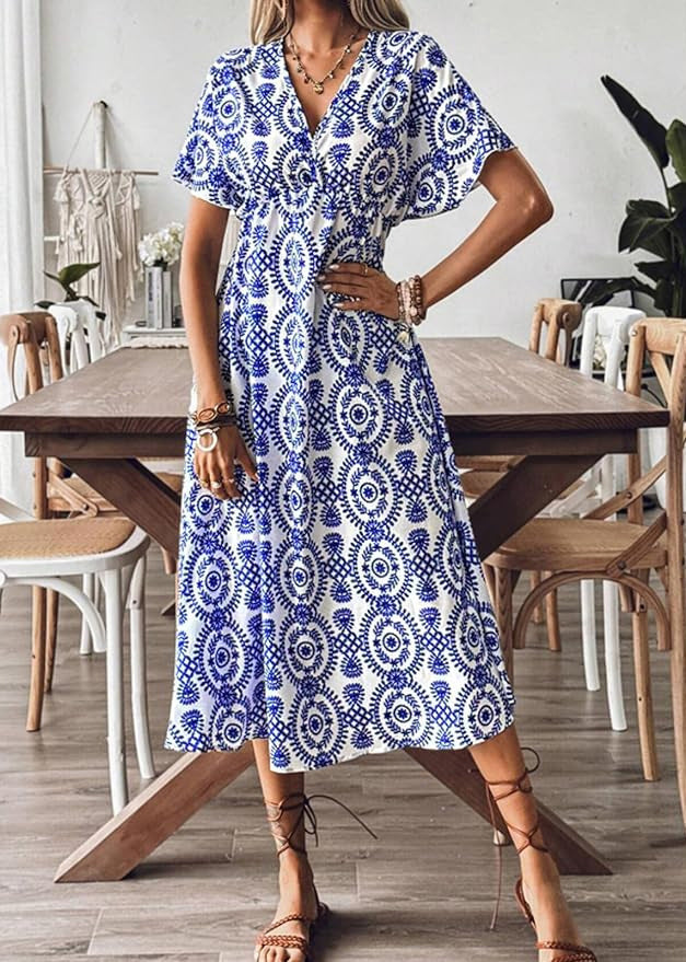 Beautiful Blue V Neck Print Cotton Vacation Dresses Summer