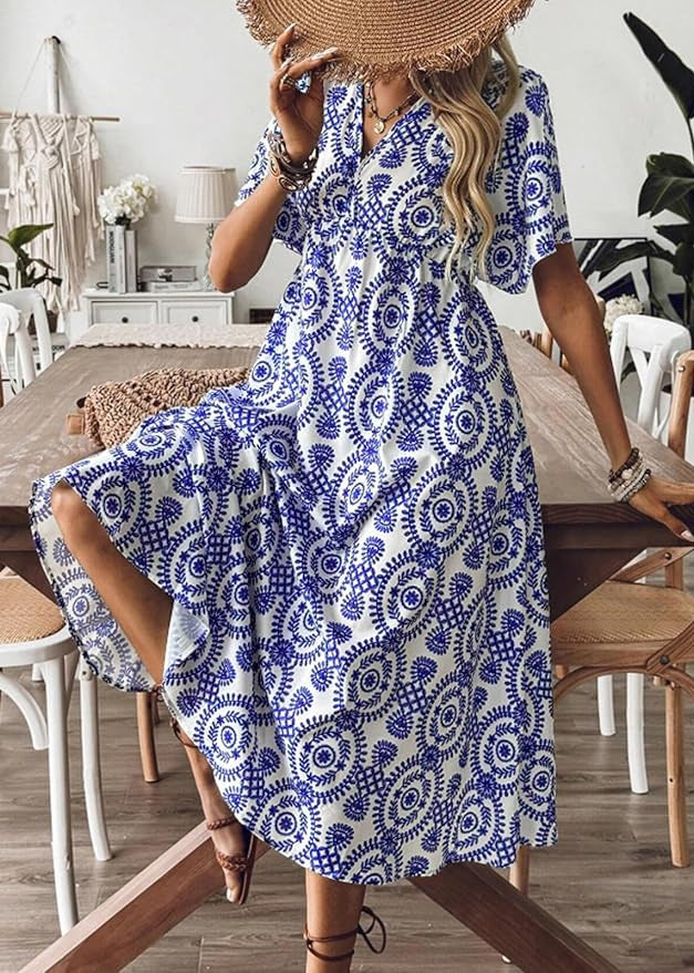 Beautiful Blue V Neck Print Cotton Vacation Dresses Summer