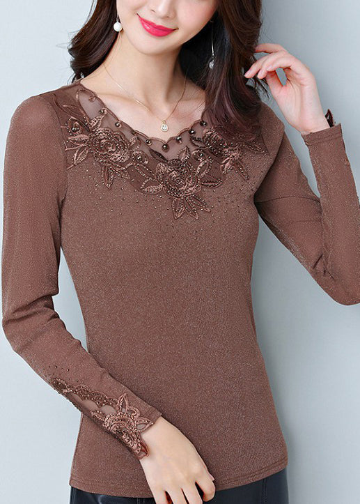 Beautiful Coffee O Neck Patchwork Tulle Blouse Tops Spring