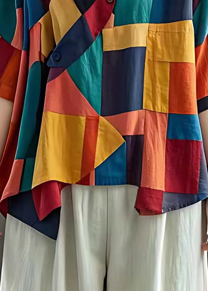 Beautiful Colorblock Asymmetrical Patchwork Applique Linen Top Summer