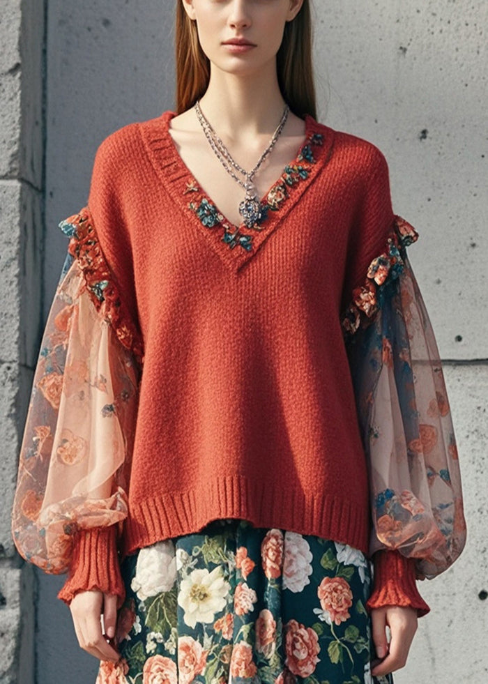 Beautiful Dull Red Ruffled Patchwork Print Short Sweater Lantern Sleeve