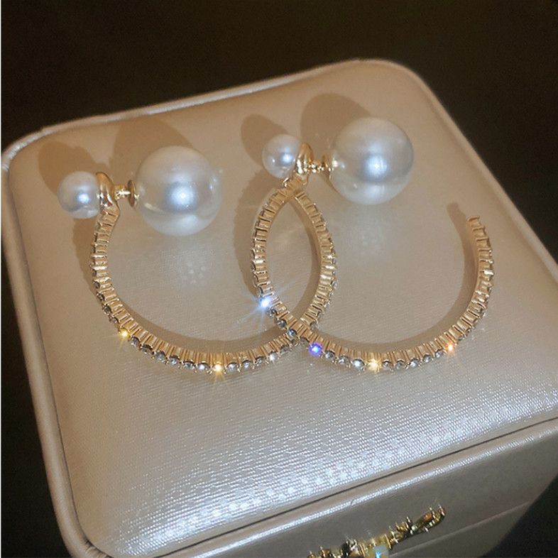 Beautiful Gold Sterling Silver Alloy Zircon Pearl Hoop Earrings