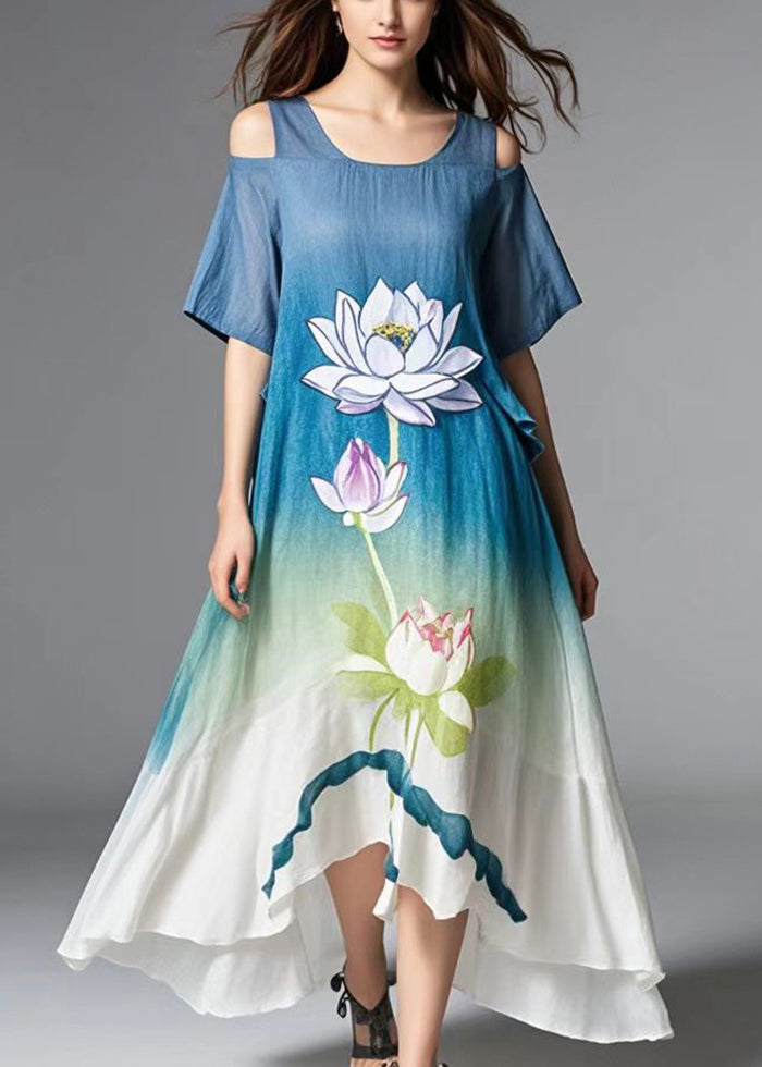 Beautiful Gradient Color Cold Shoulder Lotus Print Cotton Dress Summer