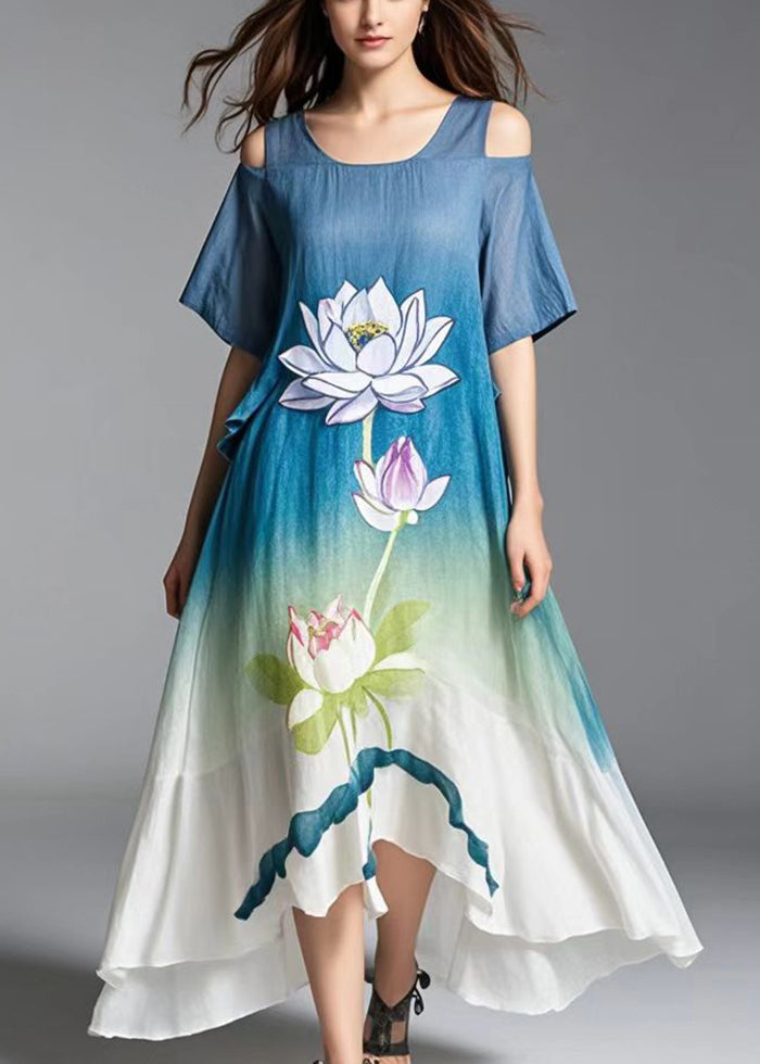 Beautiful Gradient Color Cold Shoulder Lotus Print Cotton Dress Summer